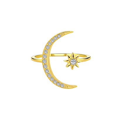 Moon and Star Celestial Rhodium-Plated Ring