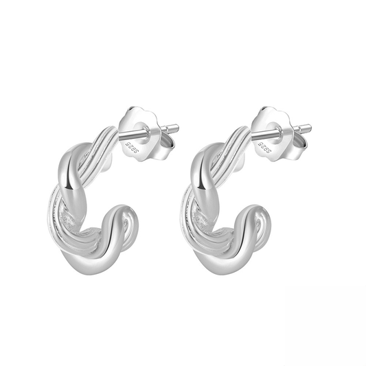 Twisted Rhodium-Plated Hoop Stud Earrings