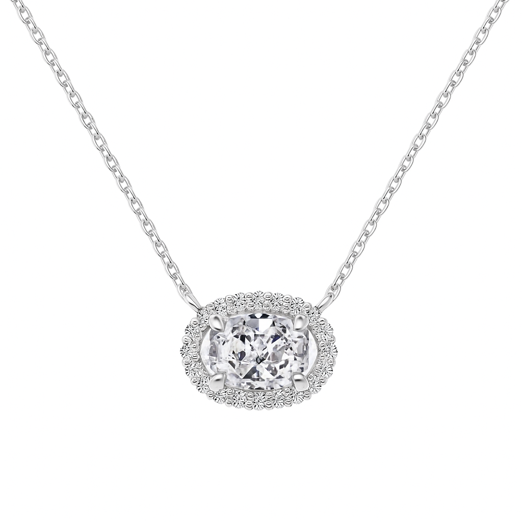 Oval Halo Horizontal Rhodium-Plated Necklace
