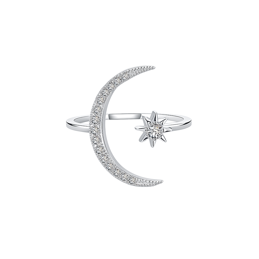 Moon and Star Celestial Rhodium-Plated Ring