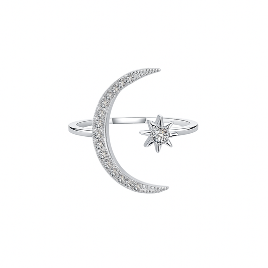 Moon and Star Celestial Rhodium-Plated Ring