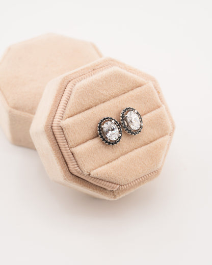Oval Black Halo Stud Rhodium-Plated Earrings