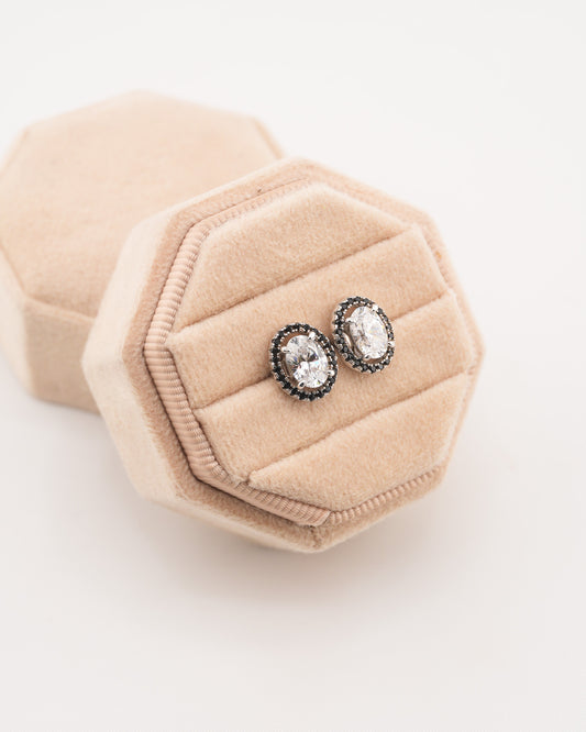 Oval Black Halo Stud Rhodium-Plated Earrings