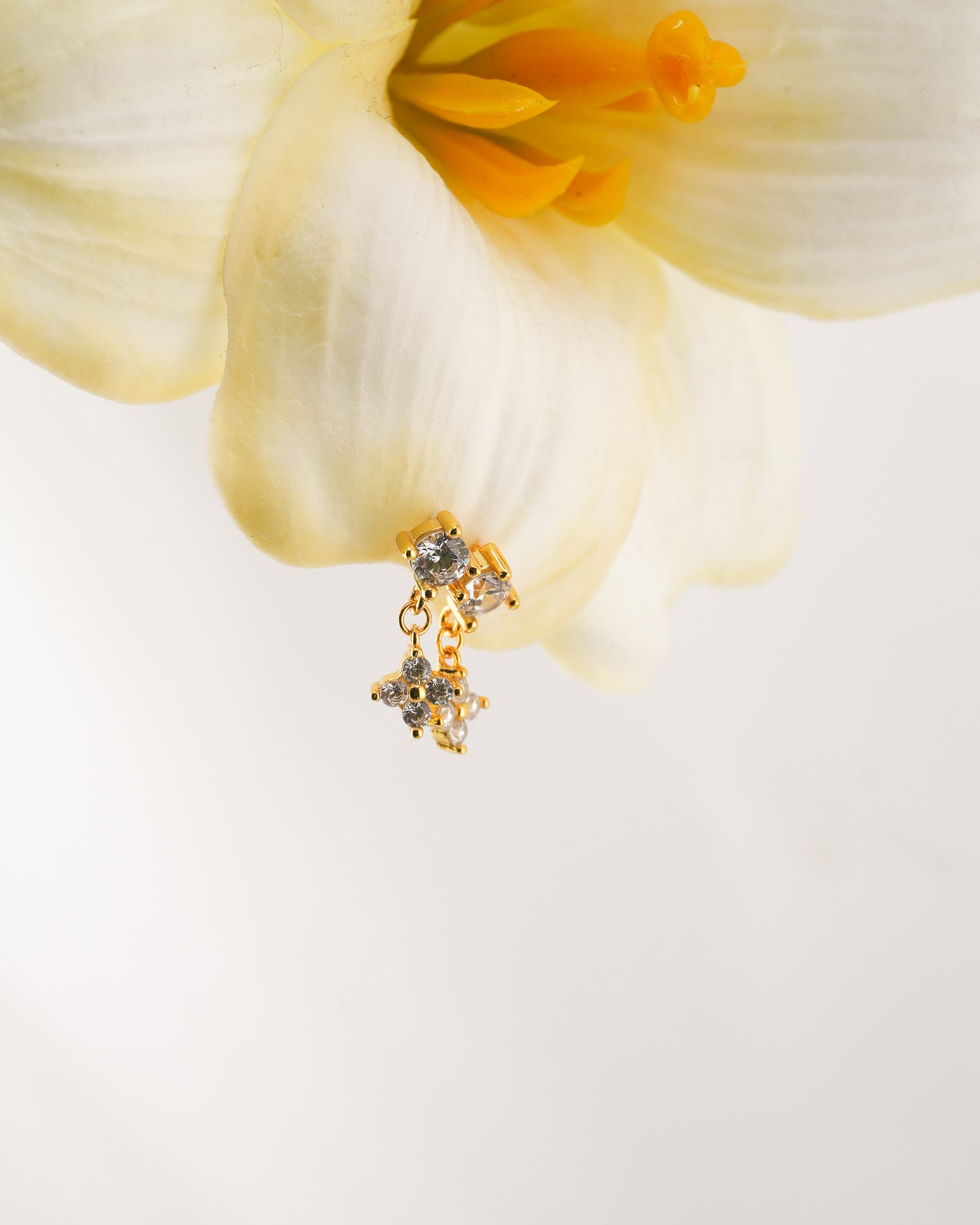 Dangling Flower Sparkle Stud Rhodium-Plated