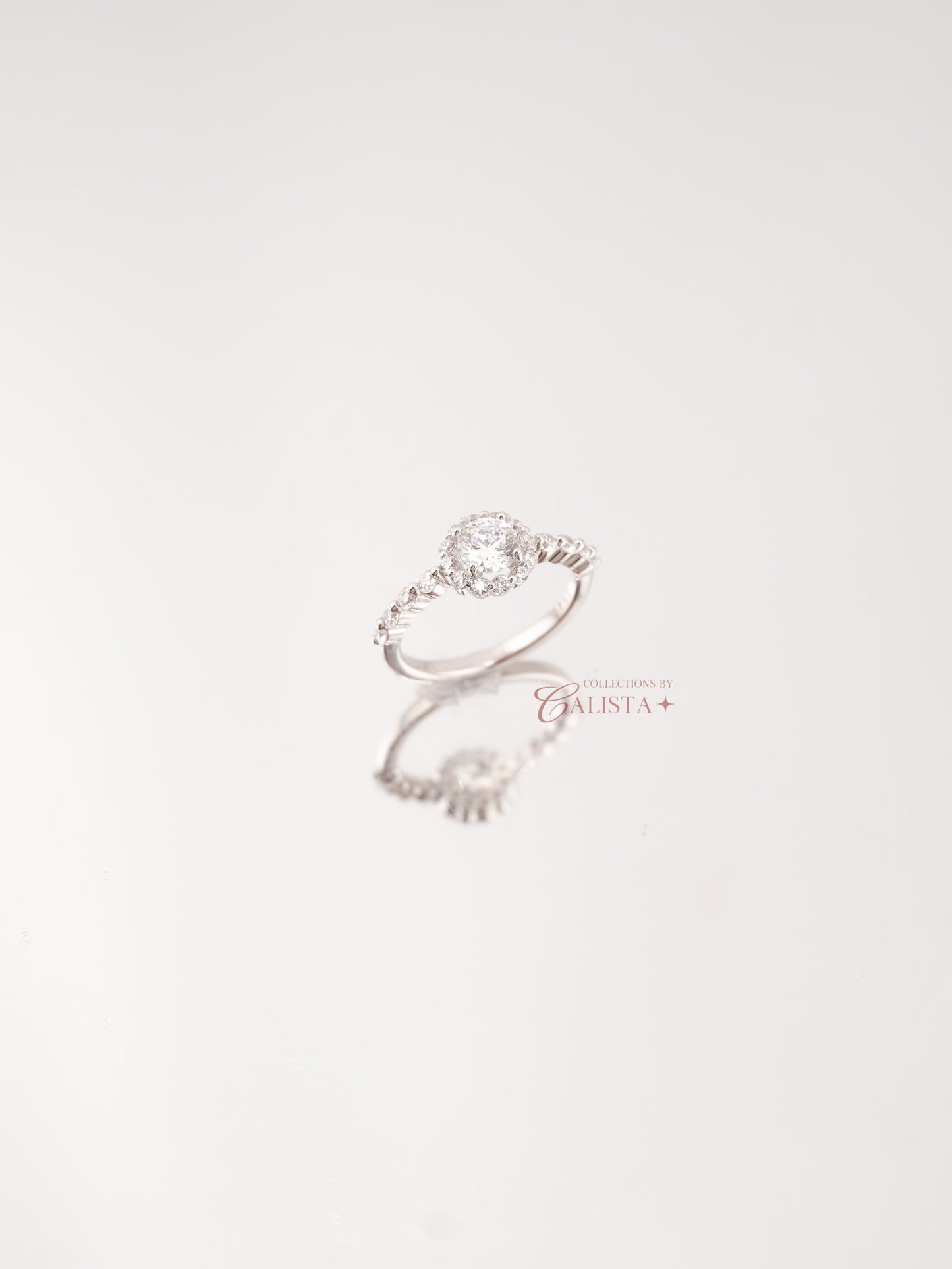 Crystal Round Halo Rhodium-Plated Rings