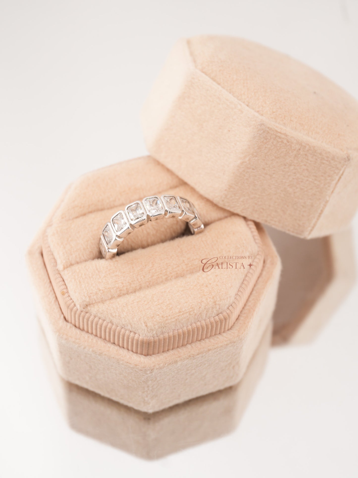 Radiant Bezel Eternity Rhodium-Plated Rings