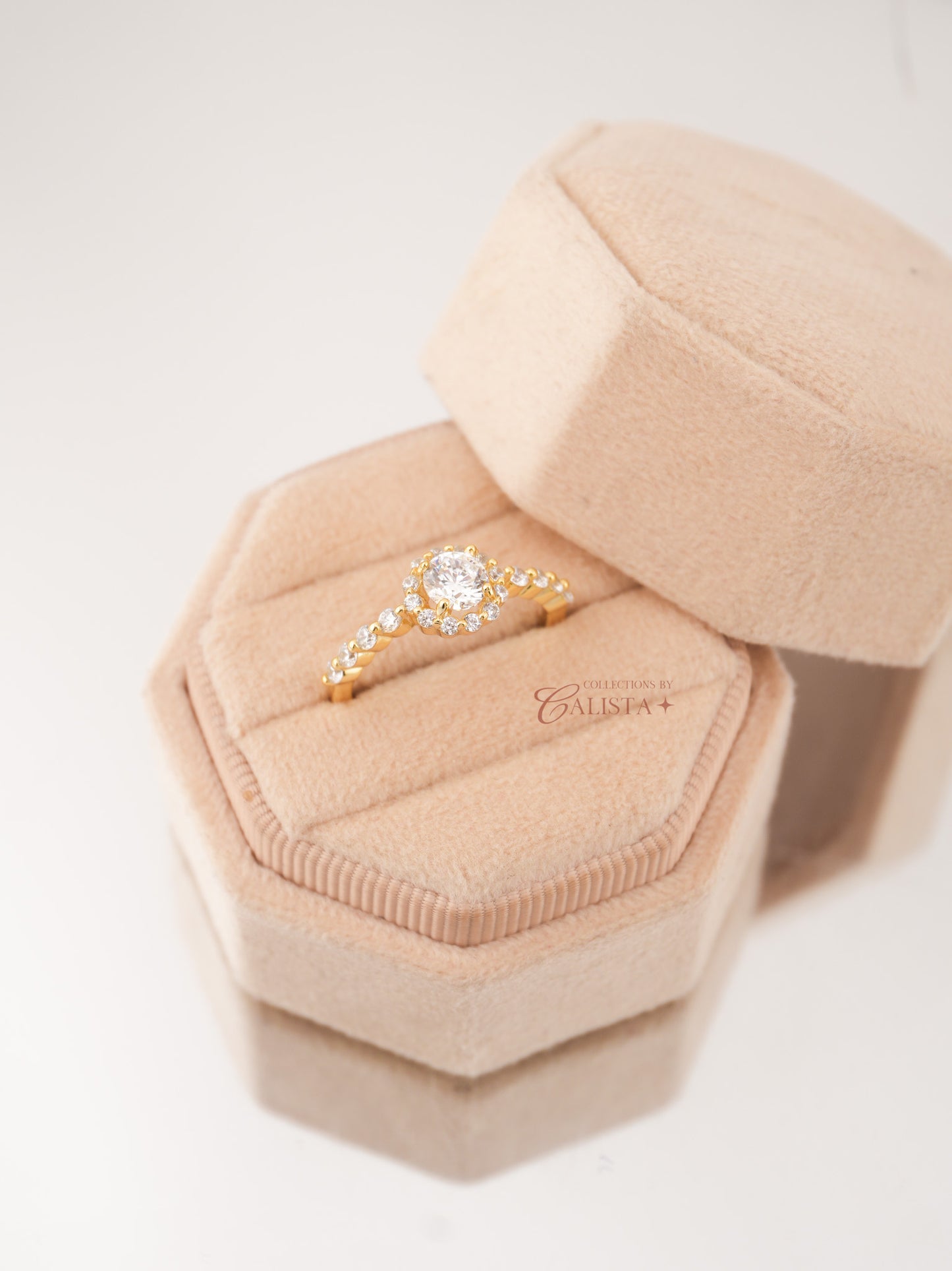 Crystal Round Halo Rhodium-Plated Rings
