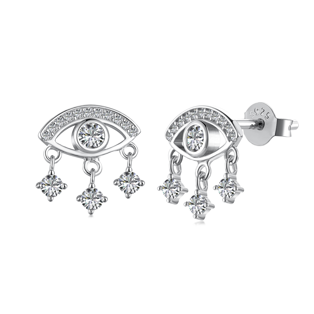 Evil Eye Dangling Rhodium-Plated Stud Earrings