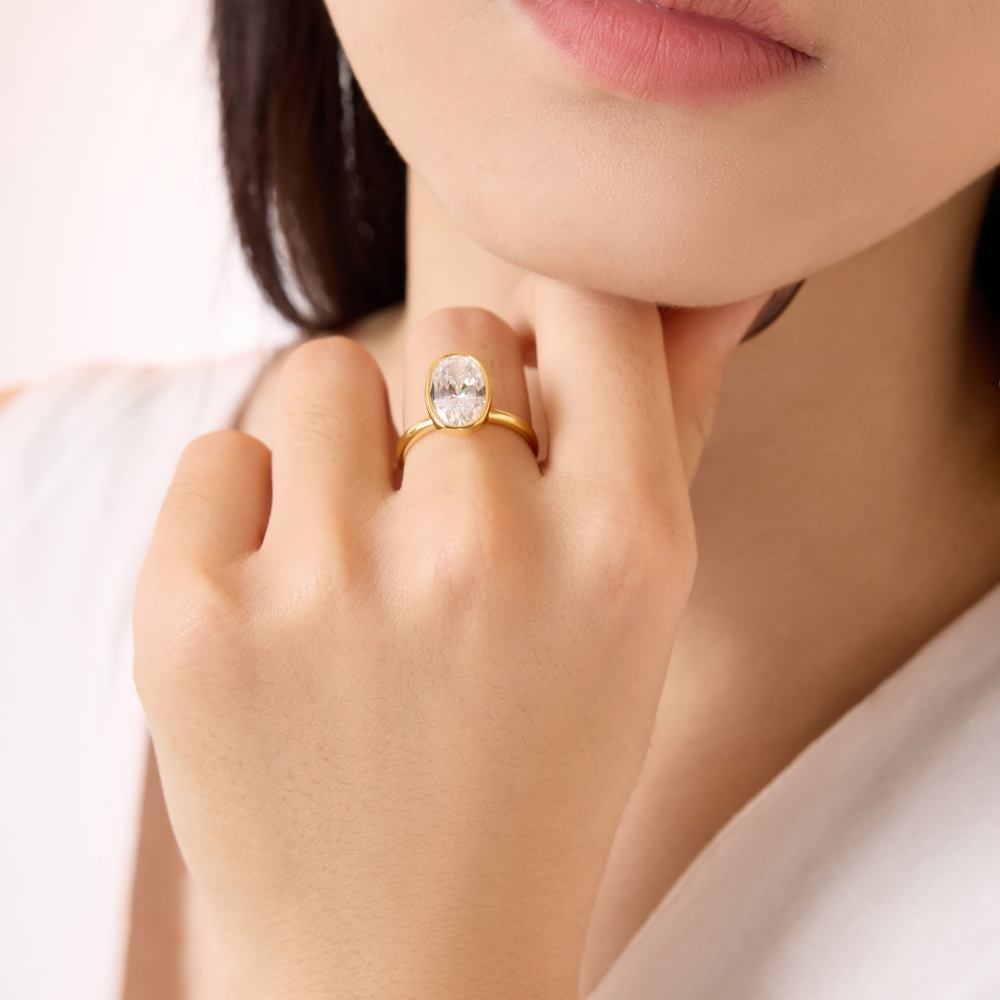 Oval Bezel Rhodium-Plated Ring