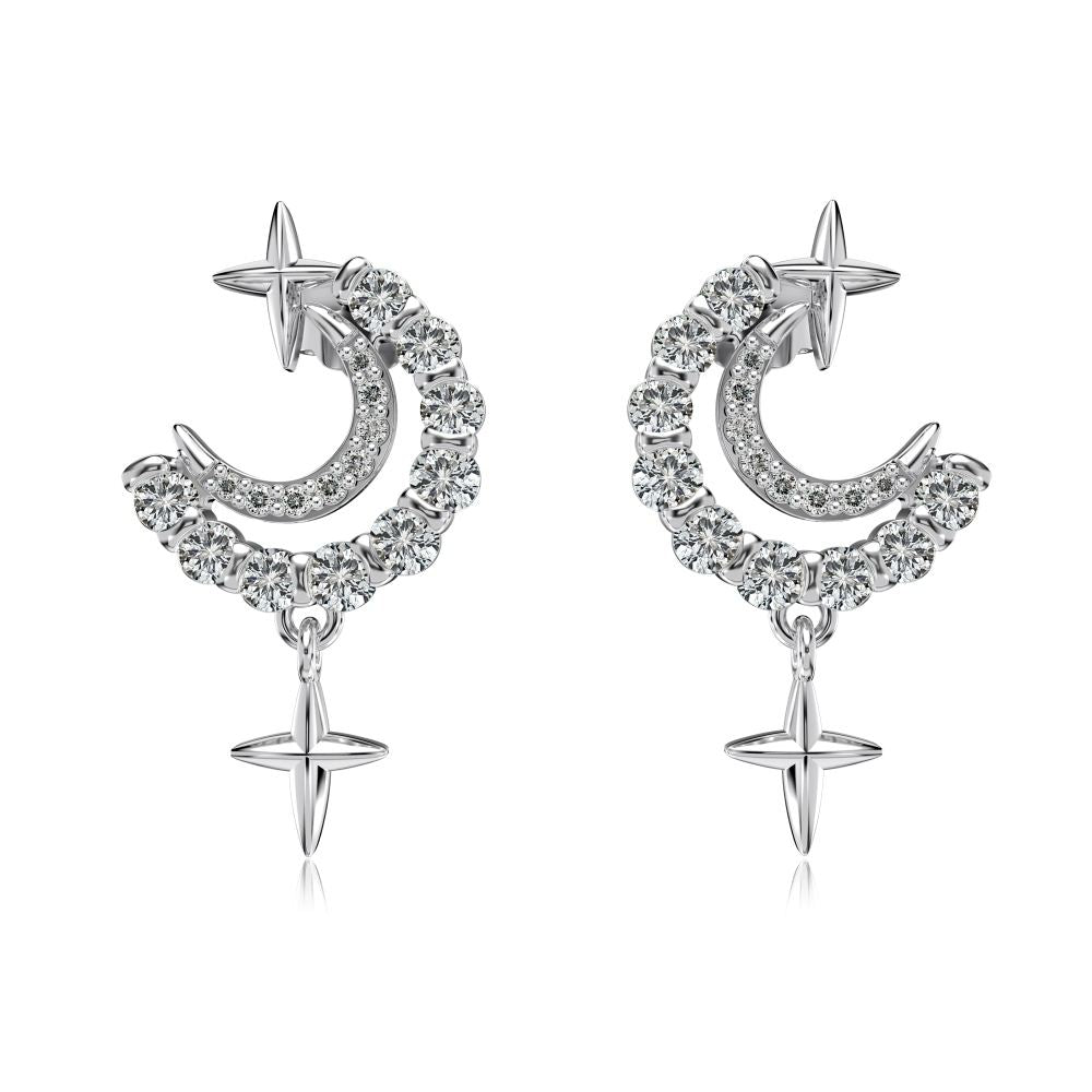 Crescent Moon Crystal Rhodium-Plated Stud Earrings