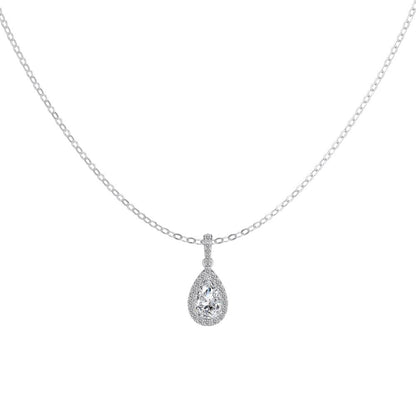Pear Halo Rhodium-Plated Necklace