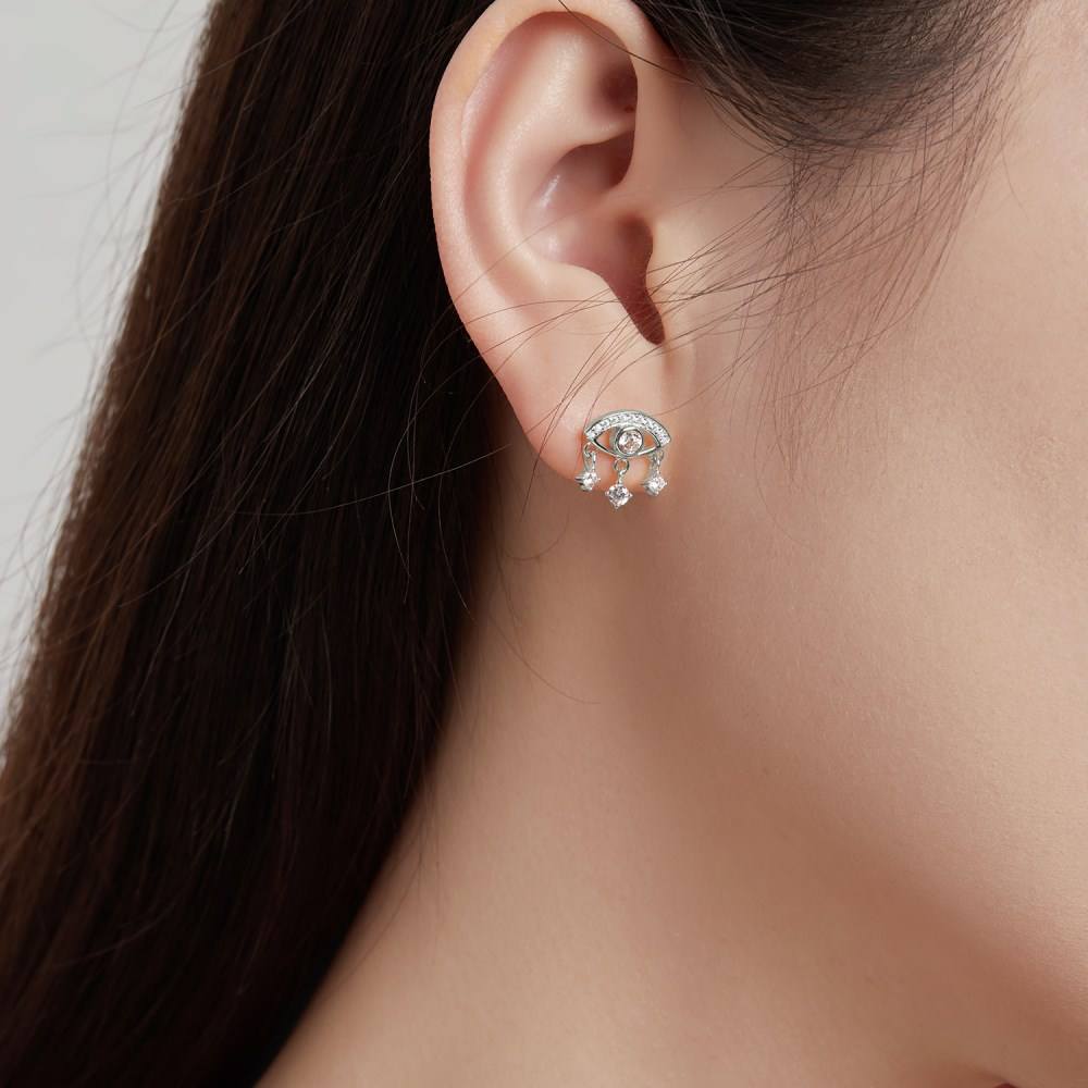 Evil Eye Dangling Rhodium-Plated Stud Earrings