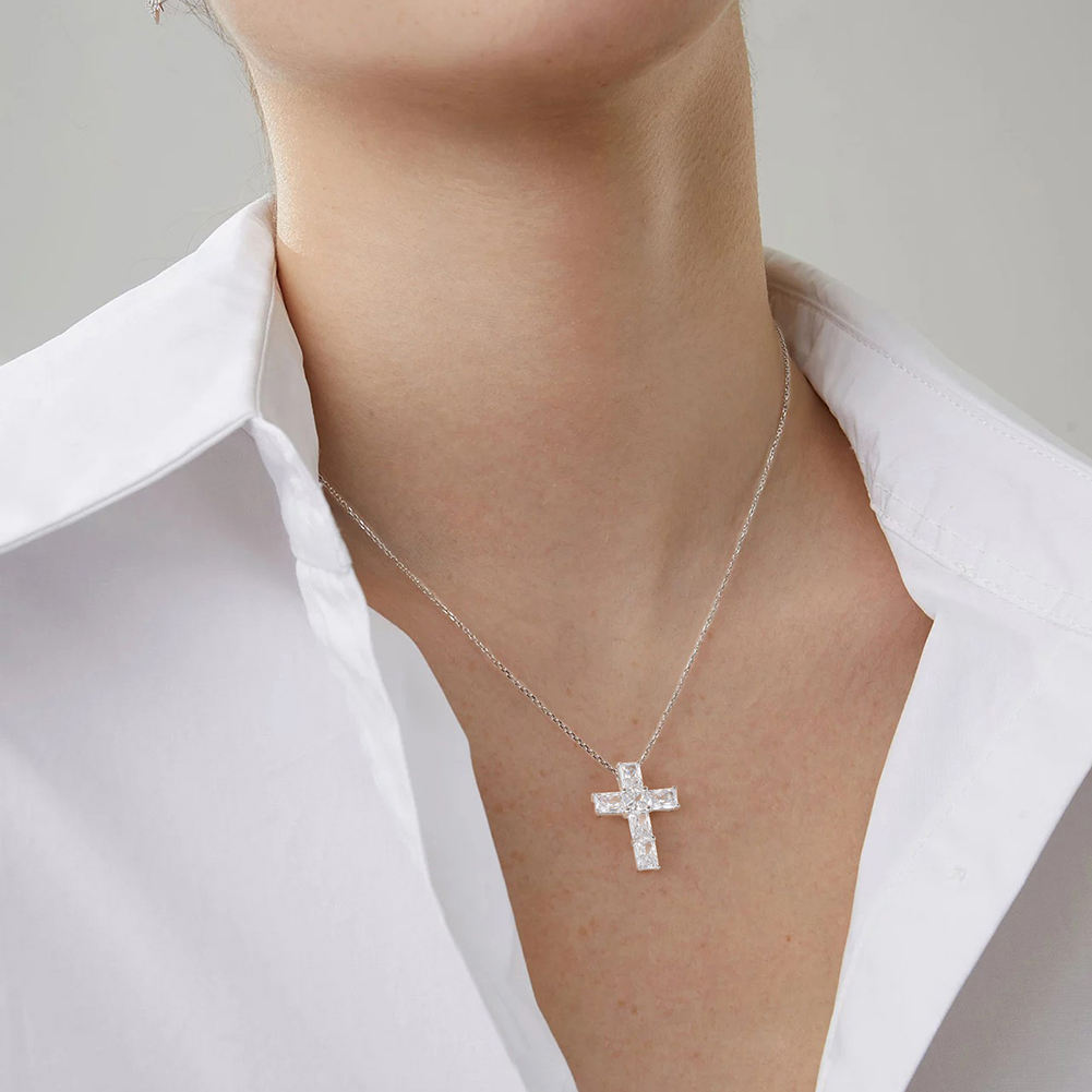 8A Emerald Cross Rhodium-Plated Necklace