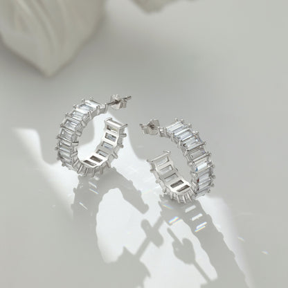 Baguette Crystal Rhodium-Plated Hoops