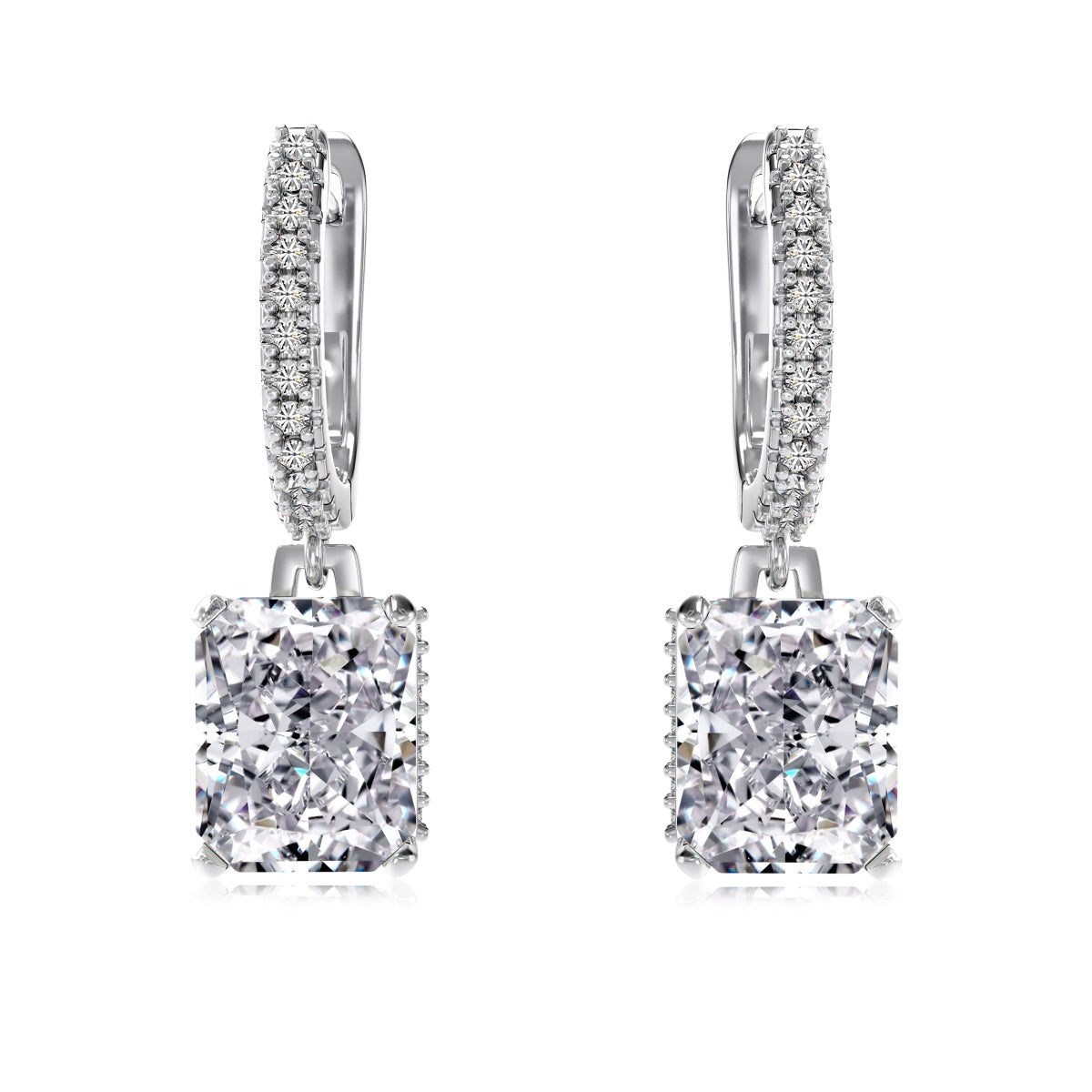 Emerald Stone Dangling Rhodium-Plated Hoops