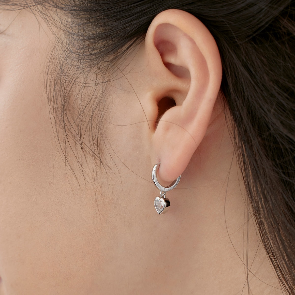 Dangling Mini Heart Rhodium-Plated Hoop Earrings