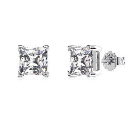 Princess Cut Square Rhodium-Plated Stud Earrings
