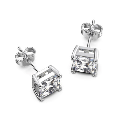 Princess Cut Square Rhodium-Plated Stud Earrings