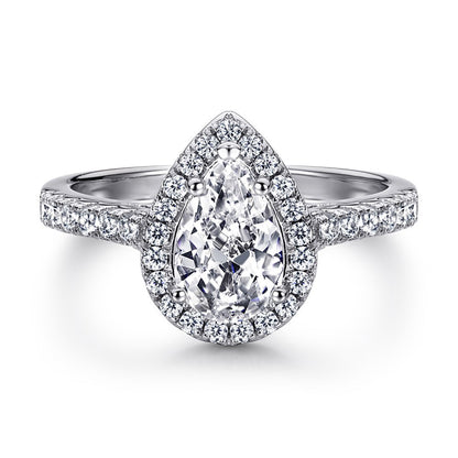 Pear Cut Crystal Halo Rhodium-Plated Ring