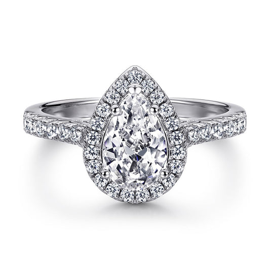 Pear Cut Crystal Halo Rhodium-Plated Ring