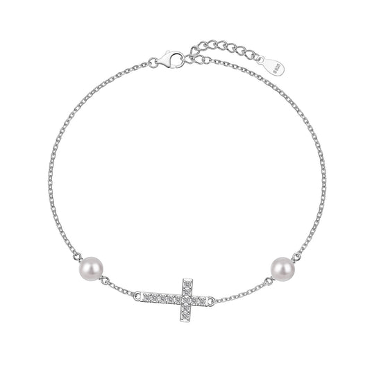 Freshwater Pearl Cross Rhodium-Plated Bracelet