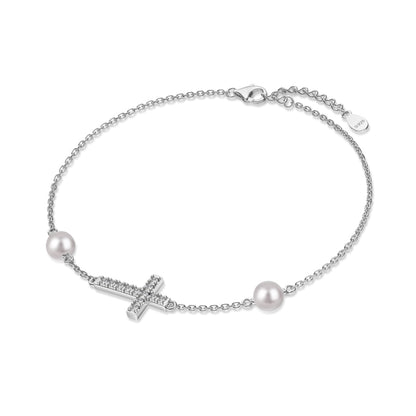 Freshwater Pearl Cross Rhodium-Plated Bracelet