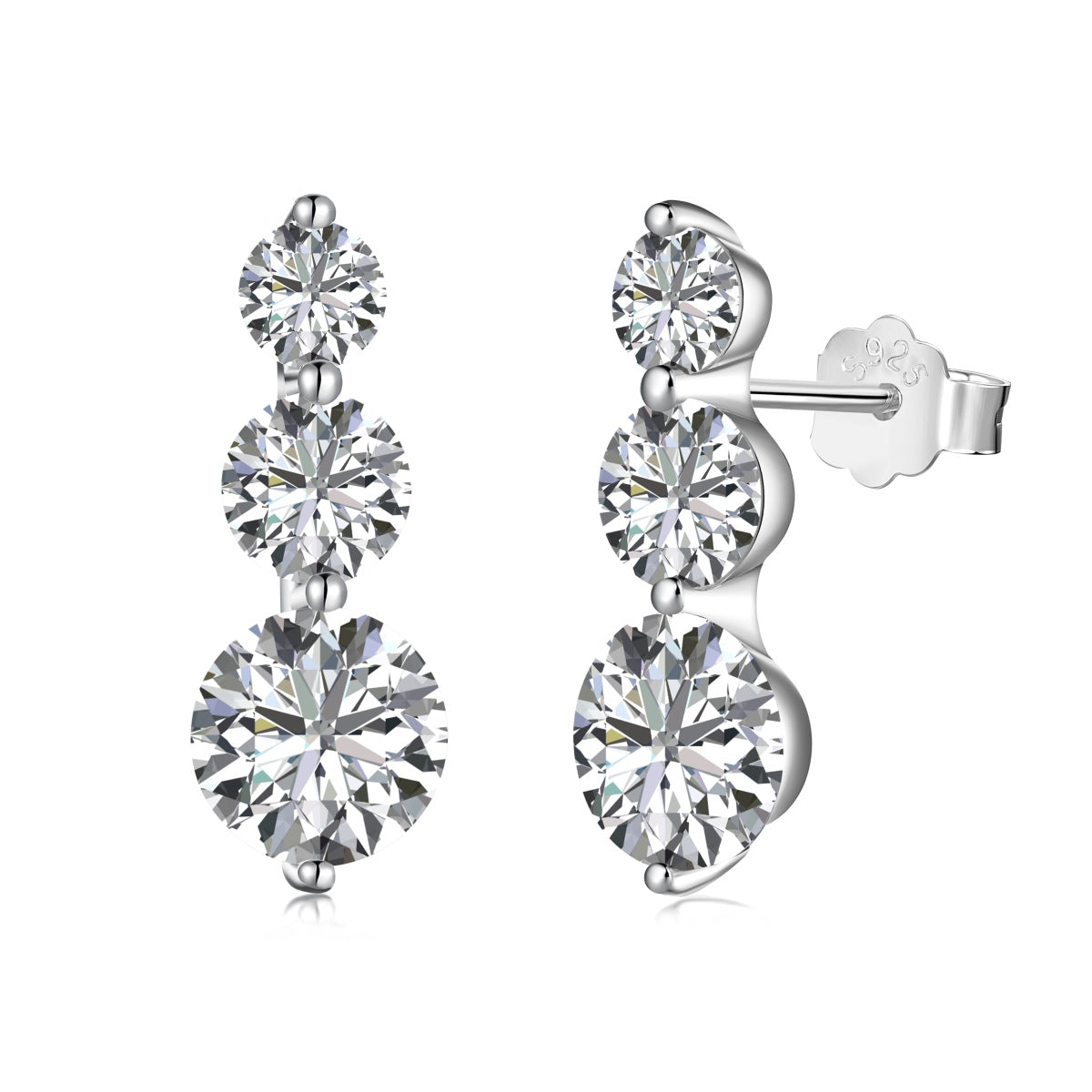 Three-Stone Vertical Rhodium-Plated Stud Earrings