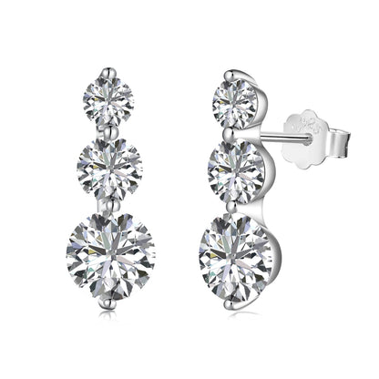 Three-Stone Vertical Rhodium-Plated Stud Earrings