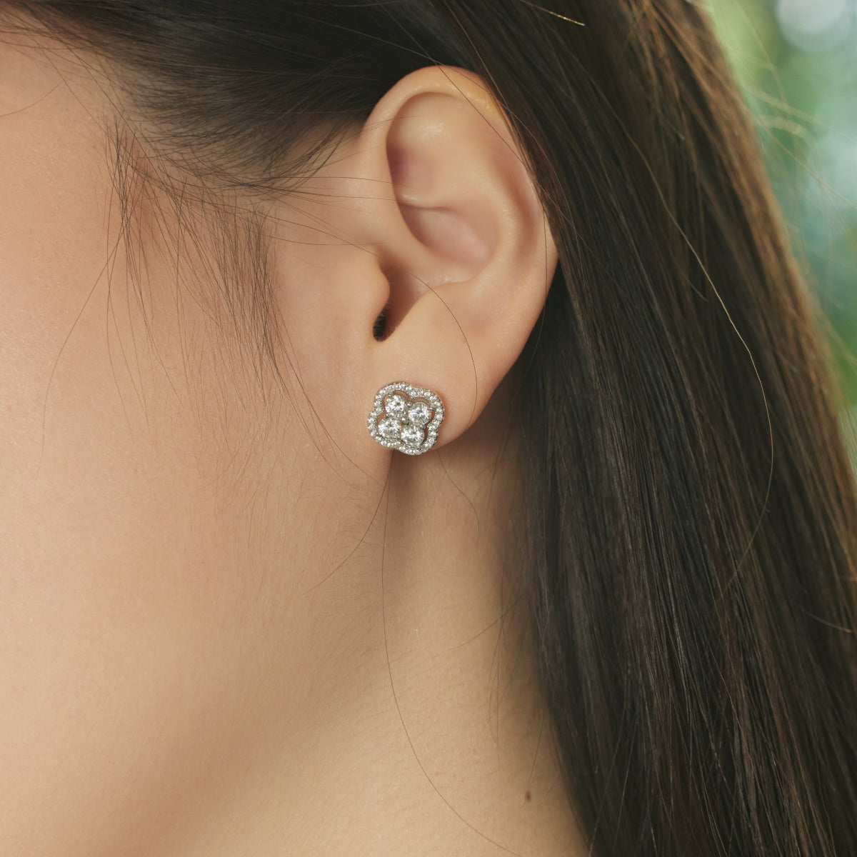 Crystal Clover Rhodium-Plated Stud Earrings
