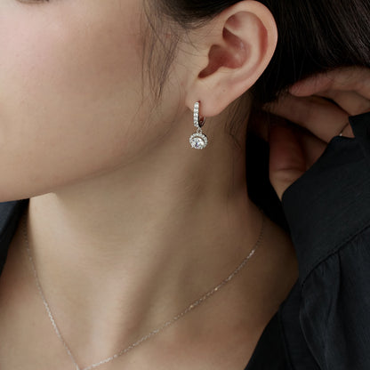 Dangling Round Crystal Rhodium-Plated Hoop Earrings