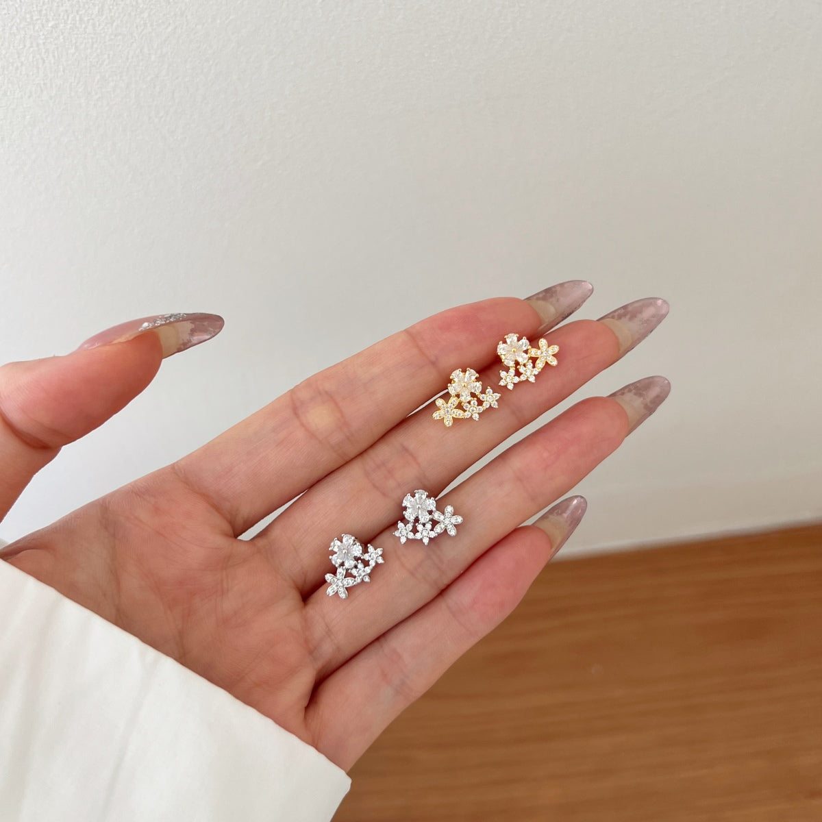 Four Flower Rhodium-Plated Stud Earrings