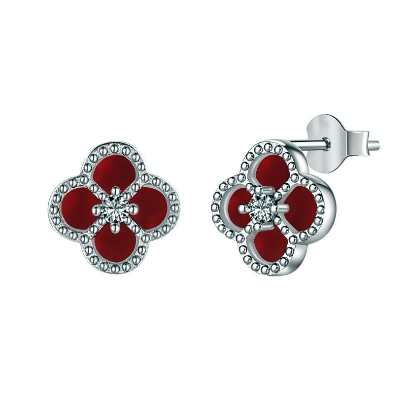 Maroon Clover Rhodium-Plated Stud Earrings