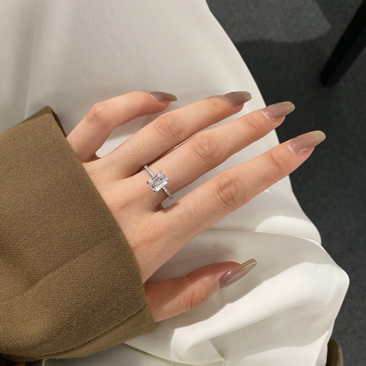 Emerald Cut Crystal Rhodium-Plated Ring