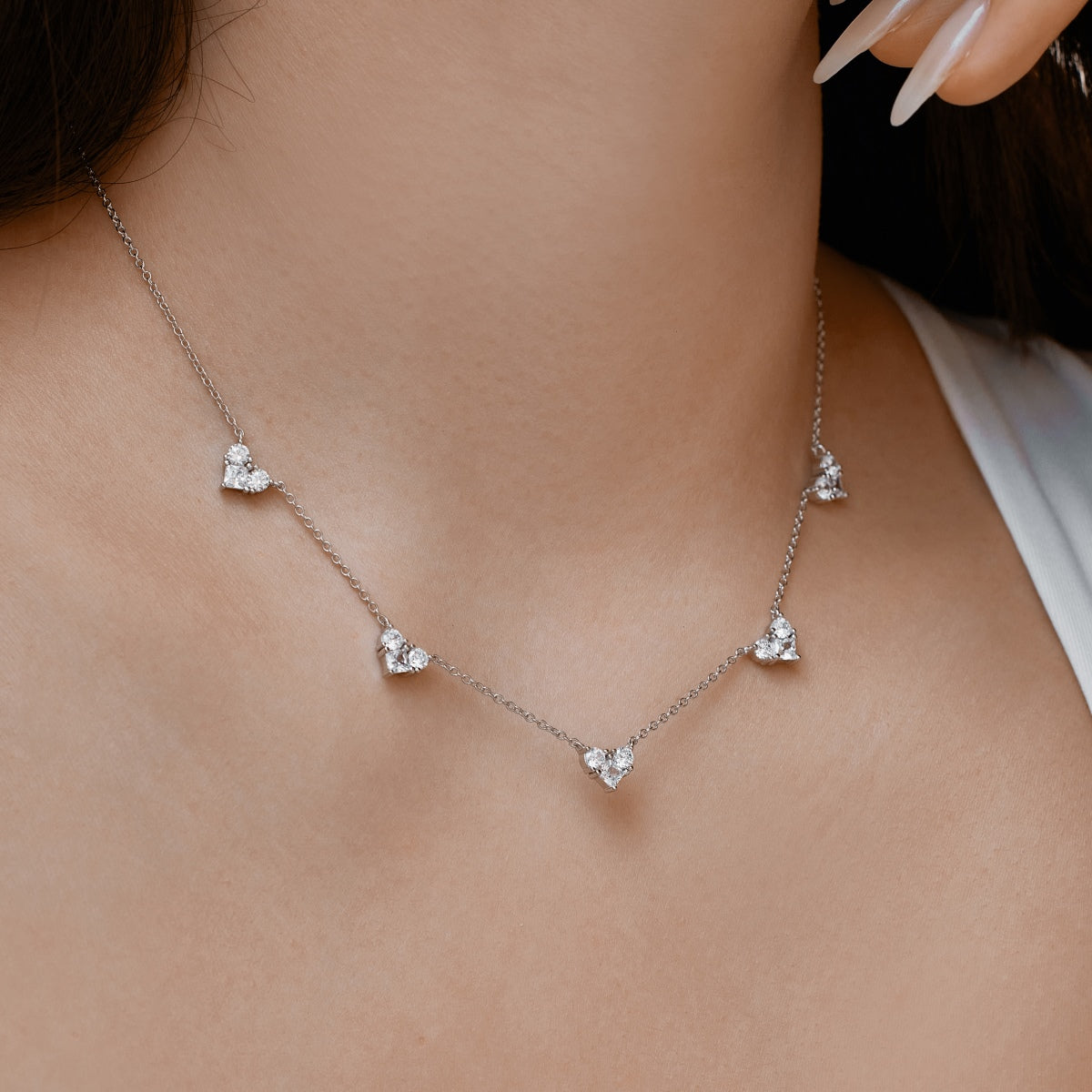 Heart Crystal Station Rhodium-Plated Necklace