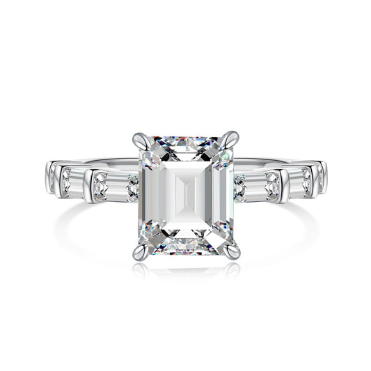 Emerald Cut Baguette Rhodium-Plated Ring