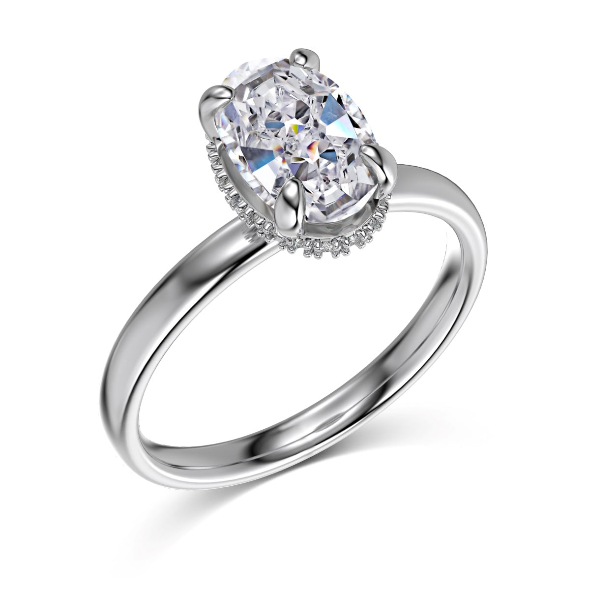 Oval Cut Hidden Halo Rhodium-Plated Ring