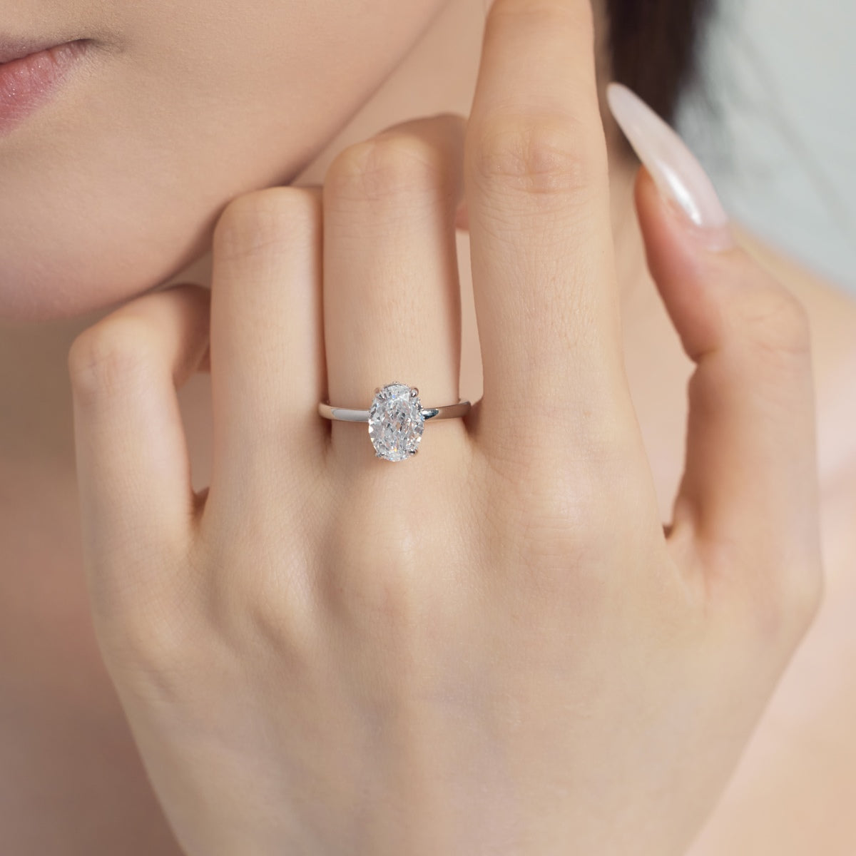 Oval Cut Hidden Halo Rhodium-Plated Ring