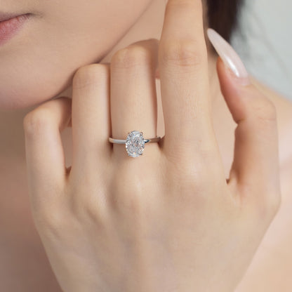Oval Cut Hidden Halo Rhodium-Plated Ring