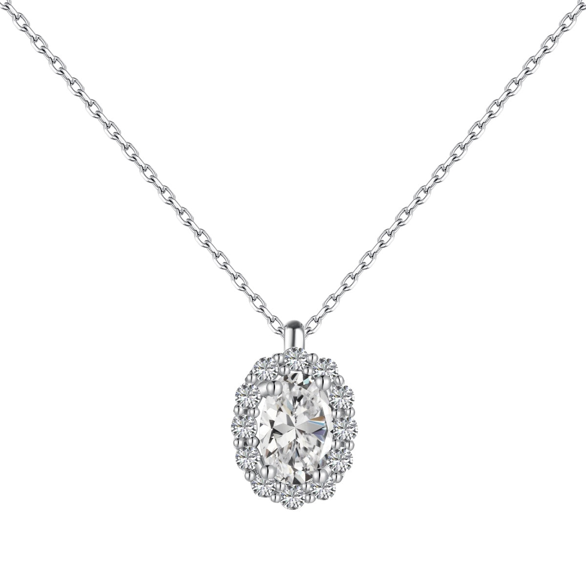 Crystal Oval Halo Vertical Rhodium-Plated Necklace