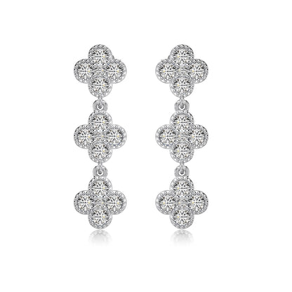 Triple Clover Rhodium-Plated Dangling Stud Earrings