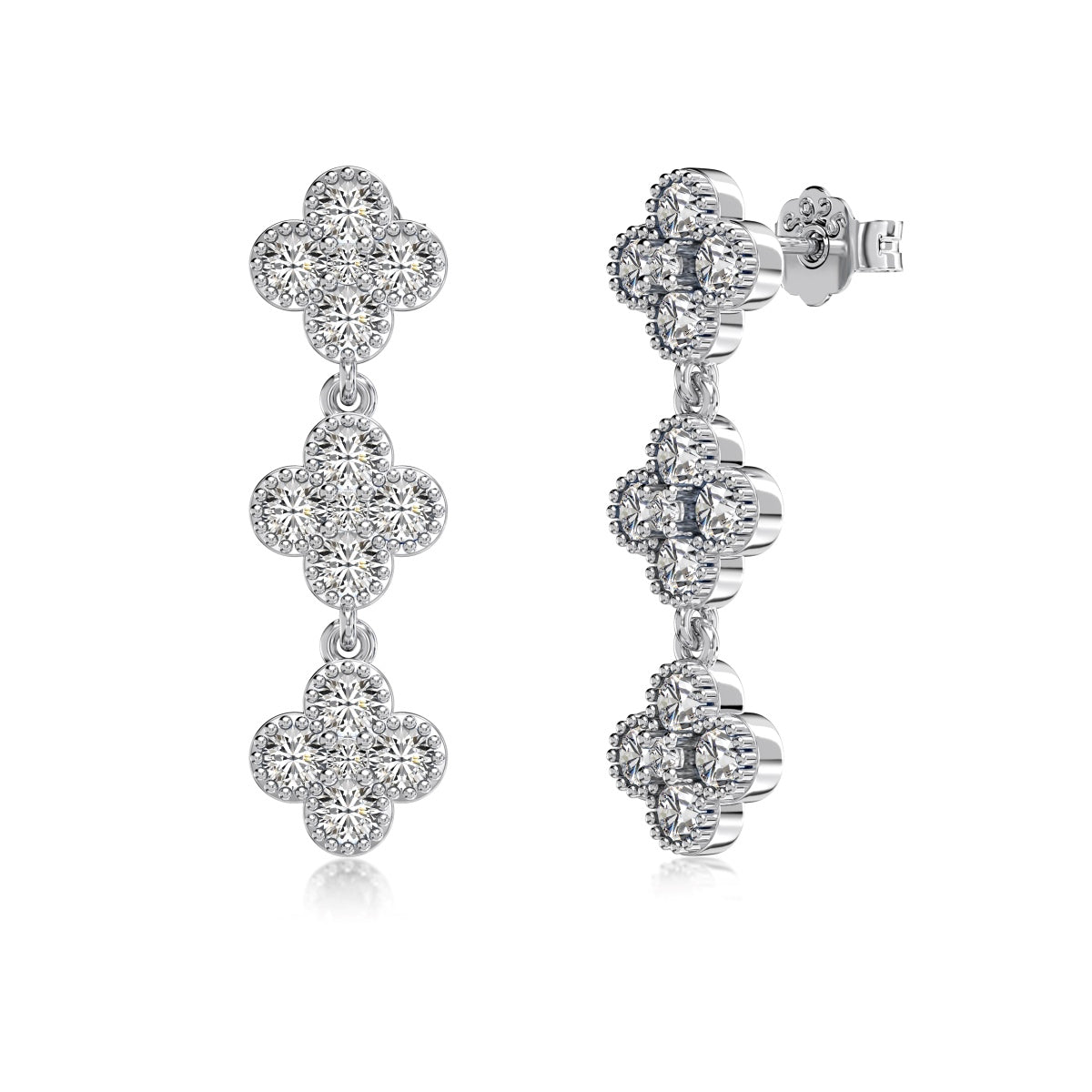 Triple Clover Rhodium-Plated Dangling Stud Earrings