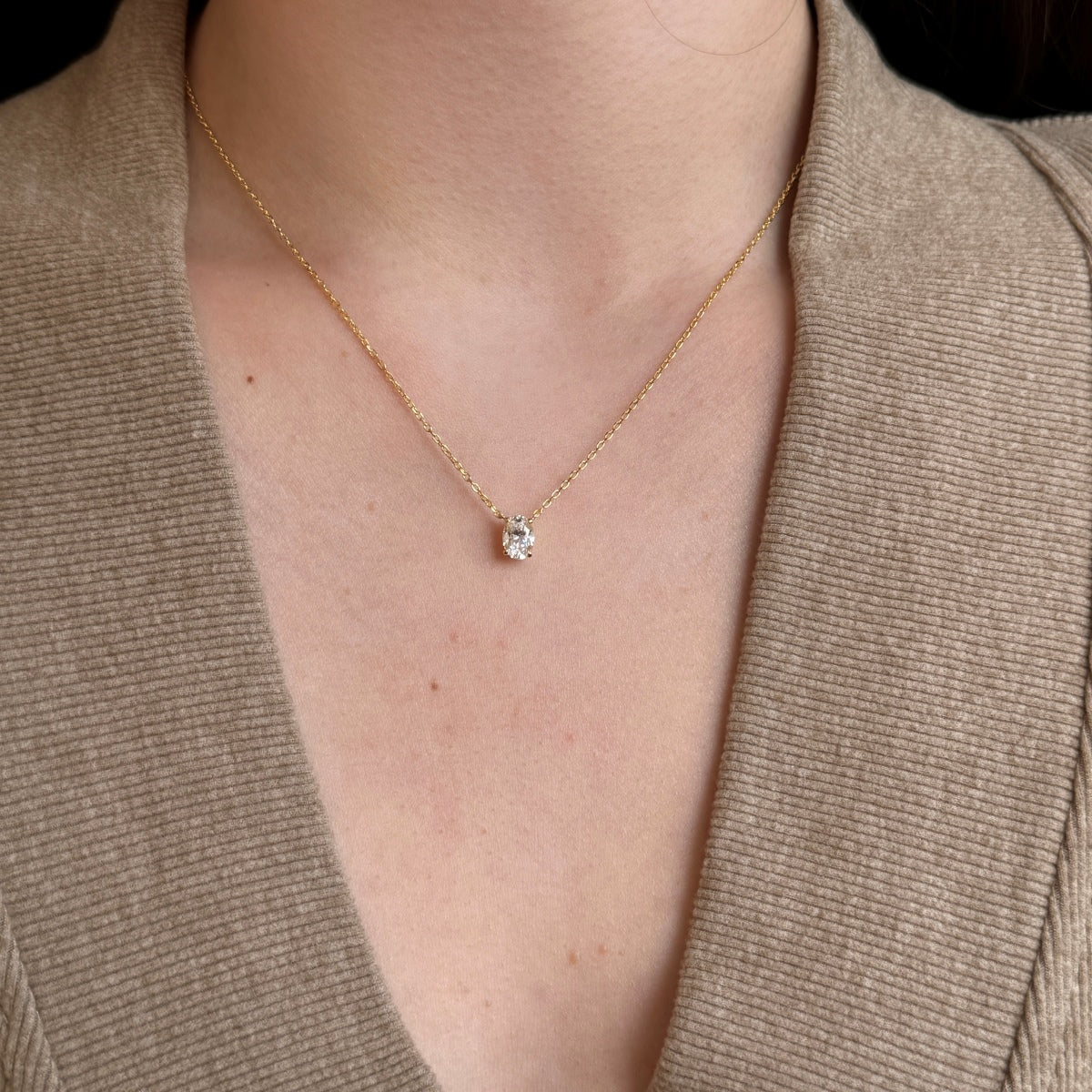 Oval Cut Stone Centered Rhodium-Plated Necklace