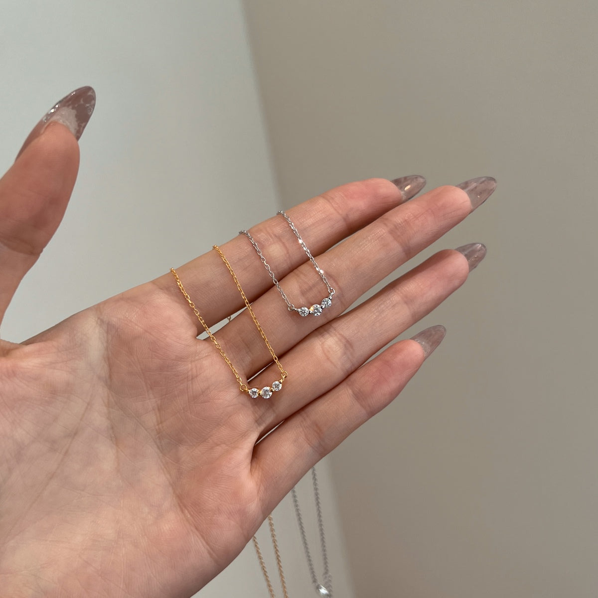 Minimalist Three Stone Rhodium-Plated Necklace