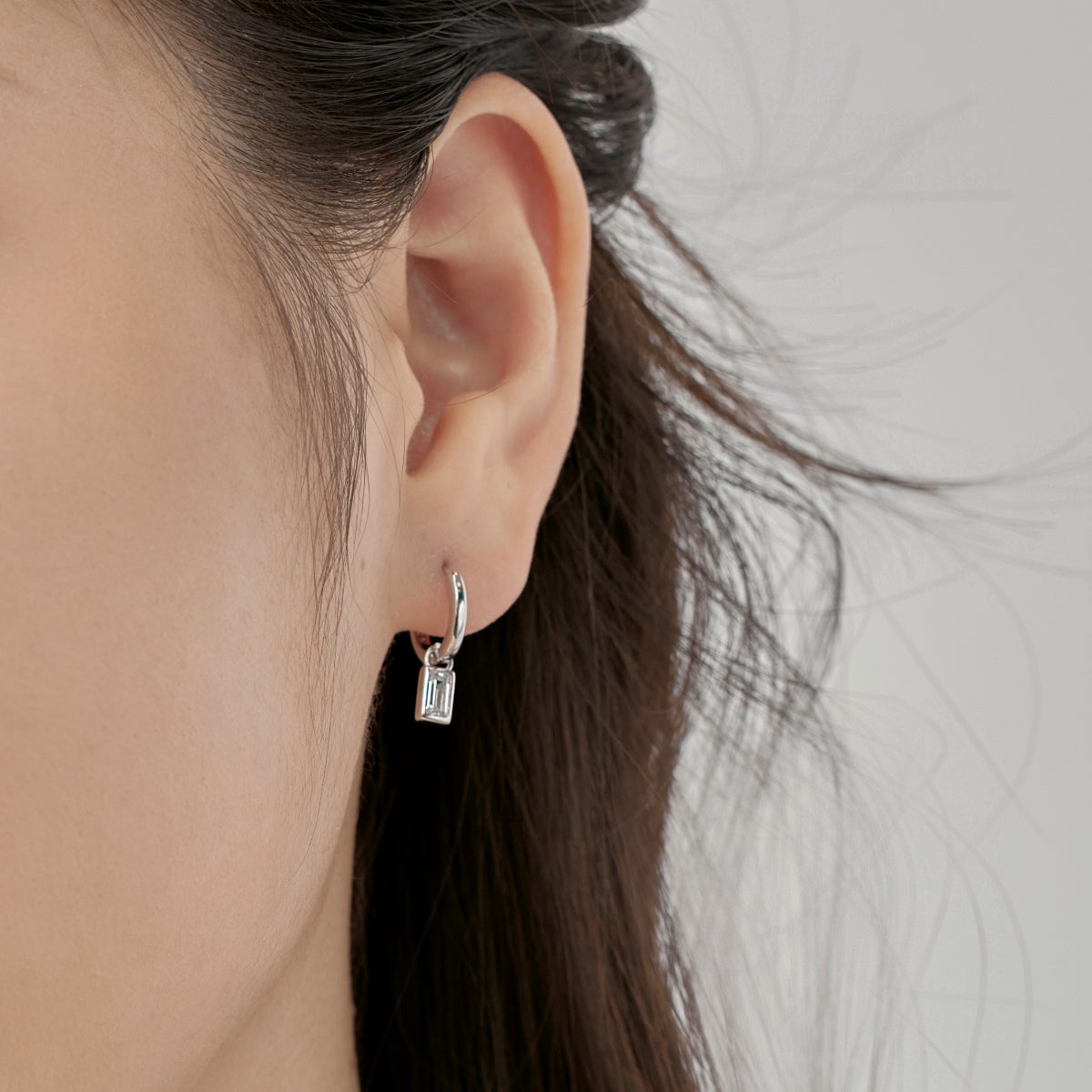 Dainty Emerald Cut Rhodium-Plated Dangling Earrings