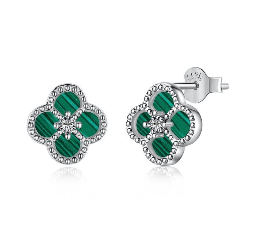 Emerald Clover Rhodium-Plated Stud Earrings