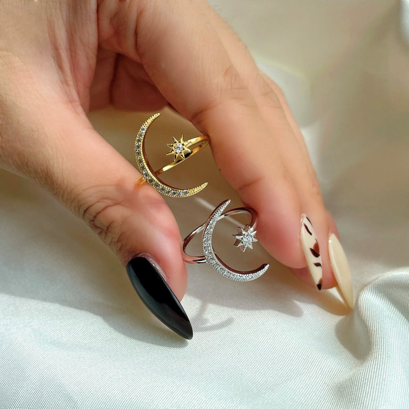 Moon and Star Celestial Rhodium-Plated Ring