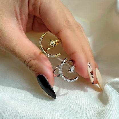 Moon and Star Celestial Rhodium-Plated Ring