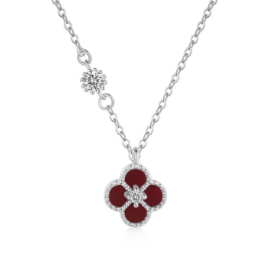 Maroon Clover Rhodium-Plated Necklace