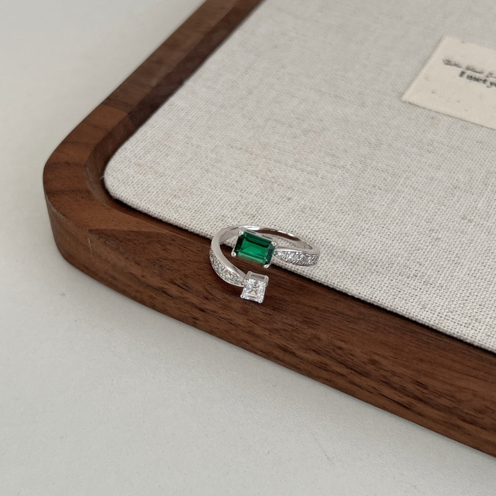 Adjustable Emerald Princess Cut You and Me Rhodium-Plated Ring