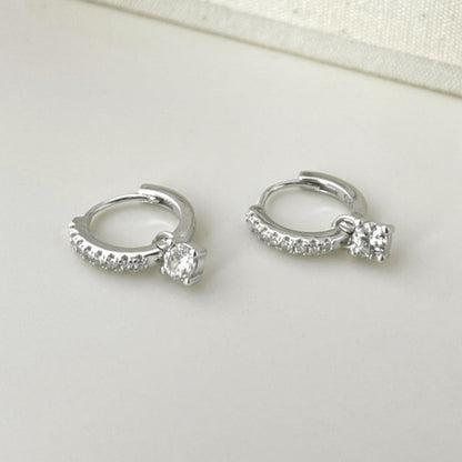 Dangling Solitaire Rhodium-Plated Hoop Earrings